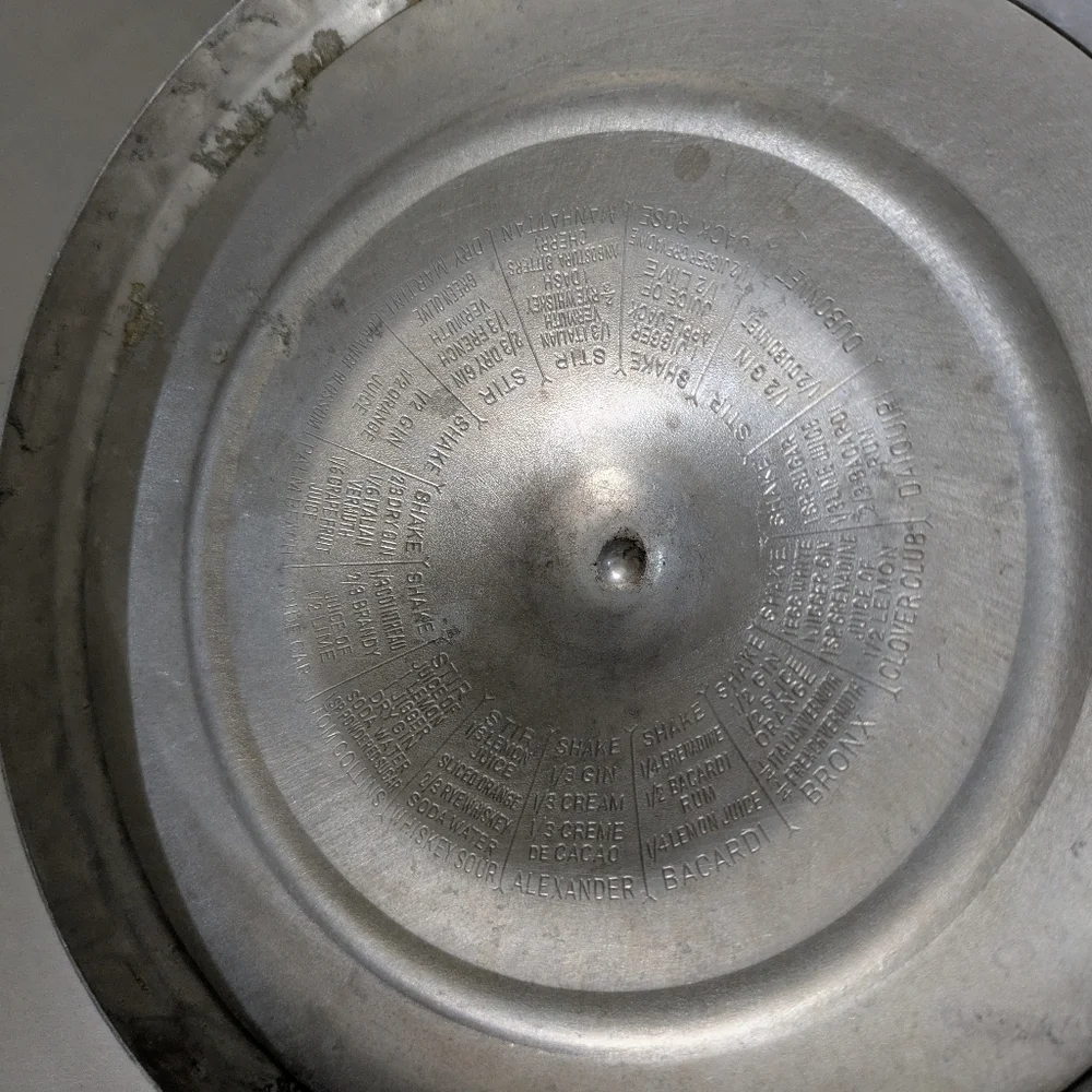 Vintage Hammered Aluminum Ice Bucket & Tong.Underside Of Lid Has Cocktail Recipe